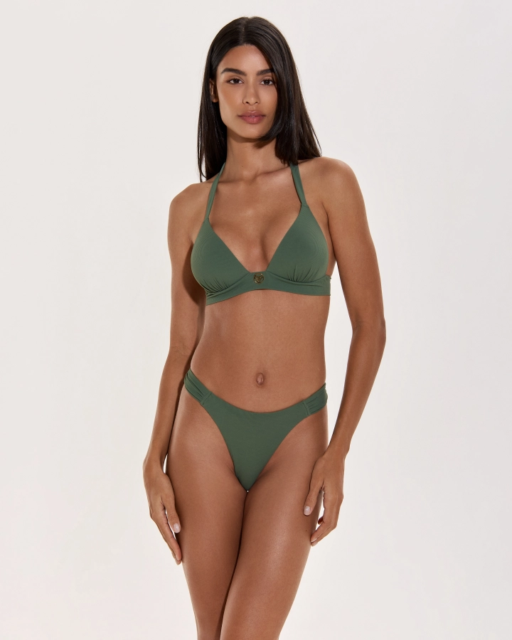 Modern Ruched Push-Up Bikini Top With Gold Logo