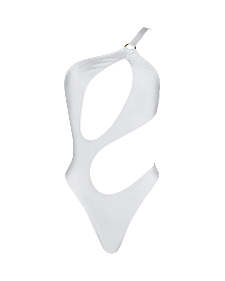 White Asymmetric One-Piece Swimsuit with Cut-Outs and Gold