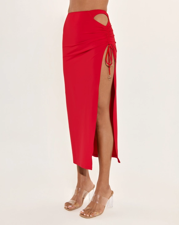 Maxi sukně s vysokým rozparkem, řasením a zlatým logem