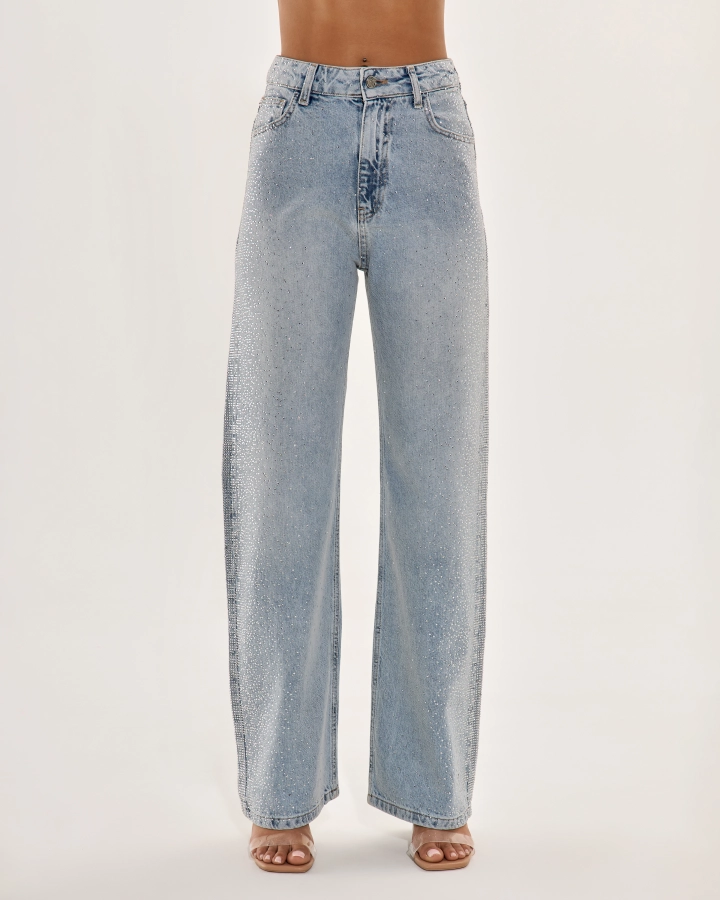 Gerade Jeans mit hohem Bund und Kristallverzierung