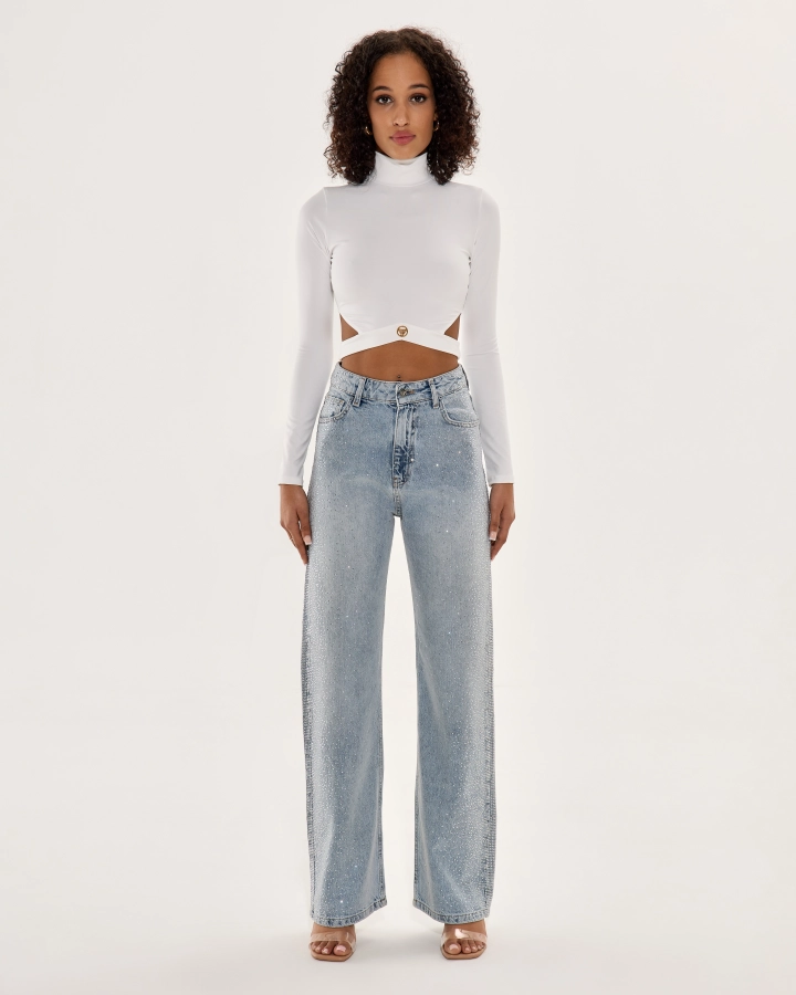 Gerade Jeans mit hohem Bund und Kristallverzierung