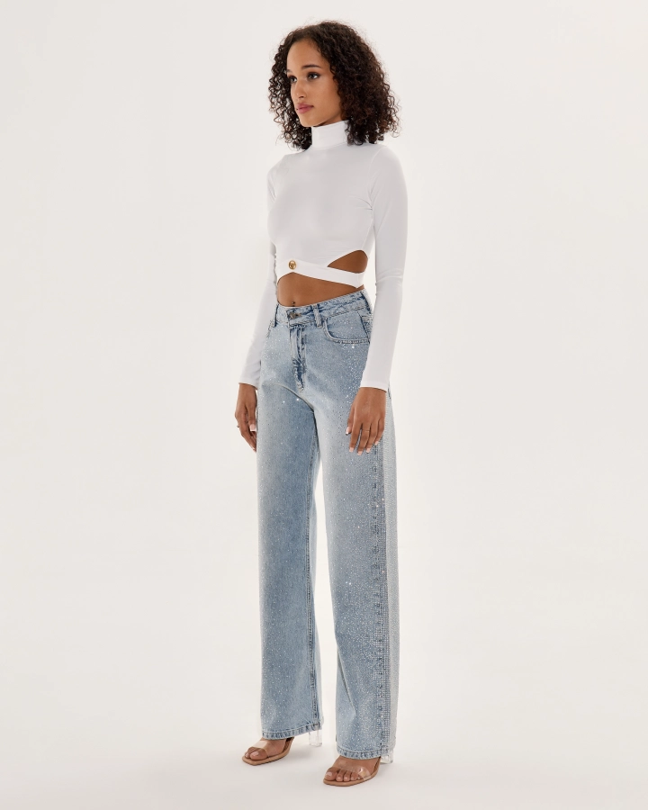 Gerade Jeans mit hohem Bund und Kristallverzierung