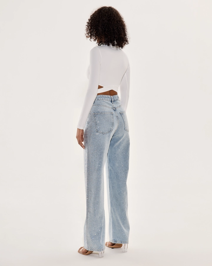Gerade Jeans mit hohem Bund und Kristallverzierung