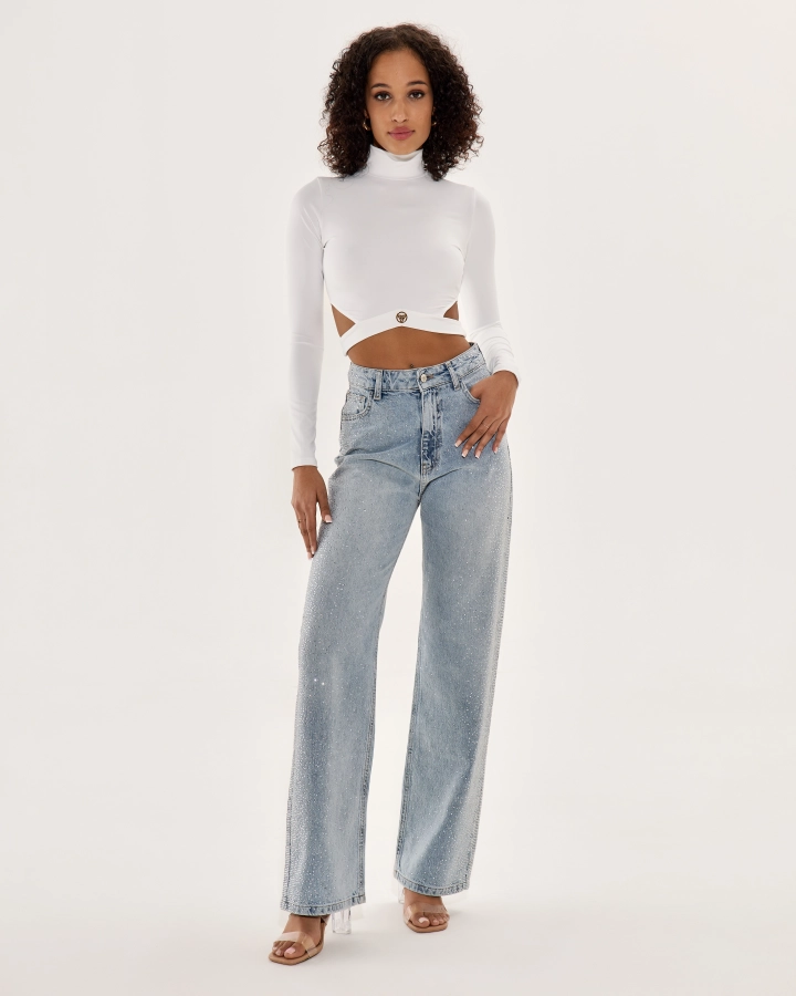 Gerade Jeans mit hohem Bund und Kristallverzierung