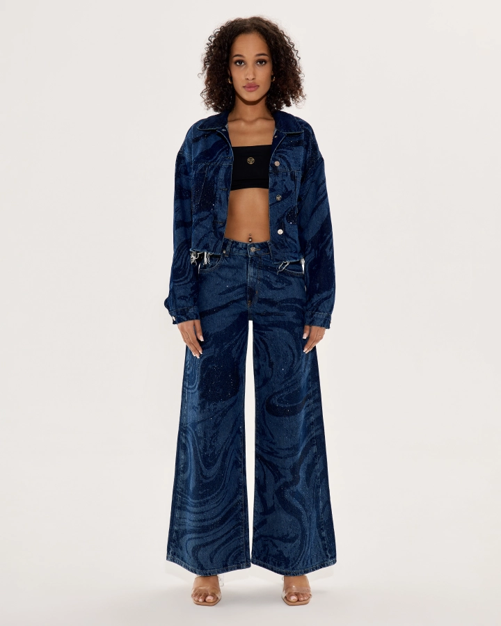 Wide-leg dark denim pants with sparkling effect