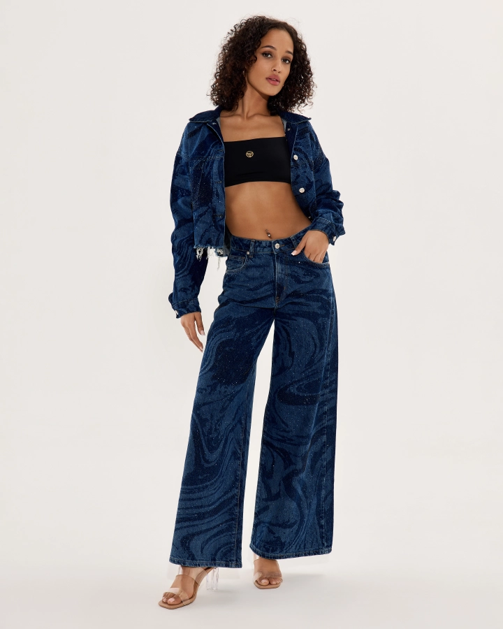 Wide-leg dark denim pants with sparkling effect