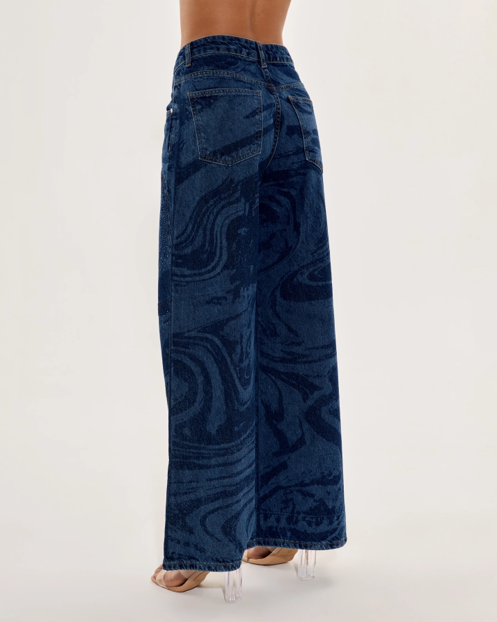 Wide-leg dark denim pants with sparkling effect