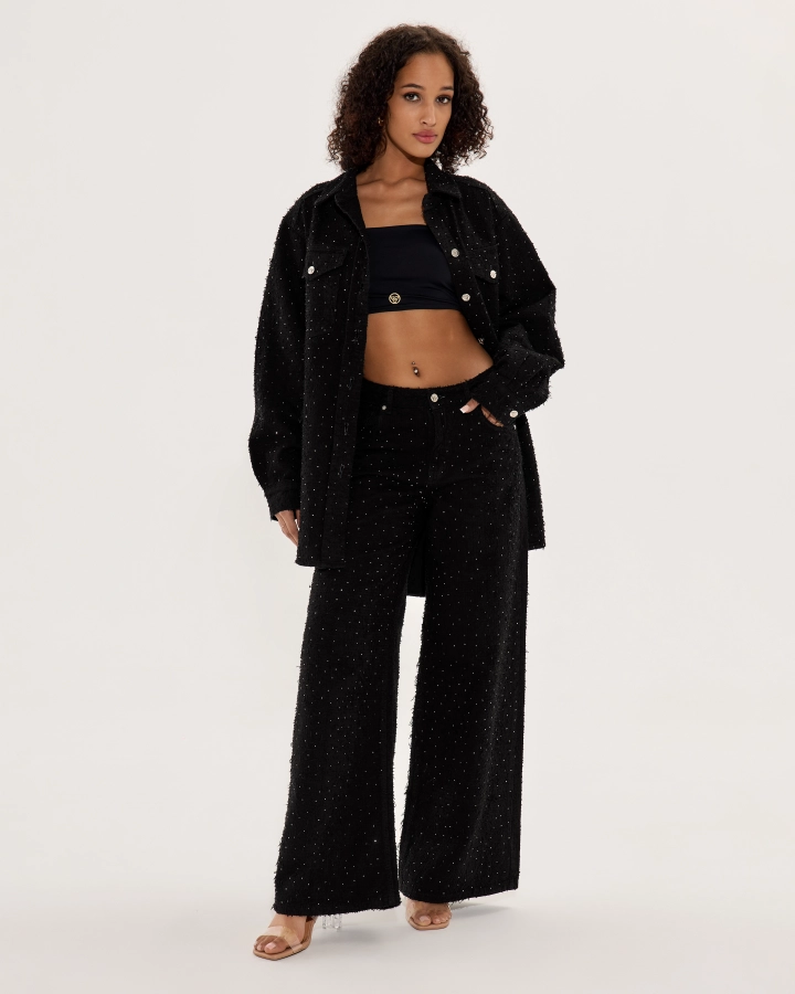 Wide-Leg Denim Pants with Sparkling Stones