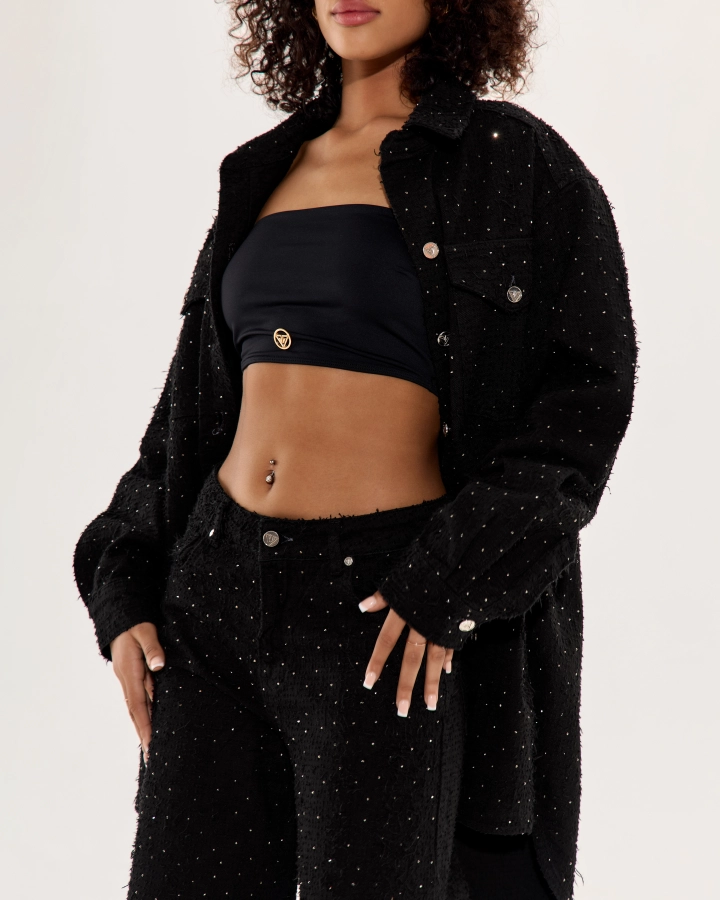 Wide-Leg Denim Pants with Sparkling Stones
