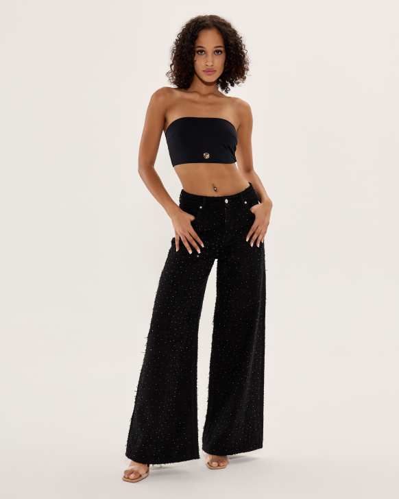Wide-Leg Denim Pants with Sparkling Stones