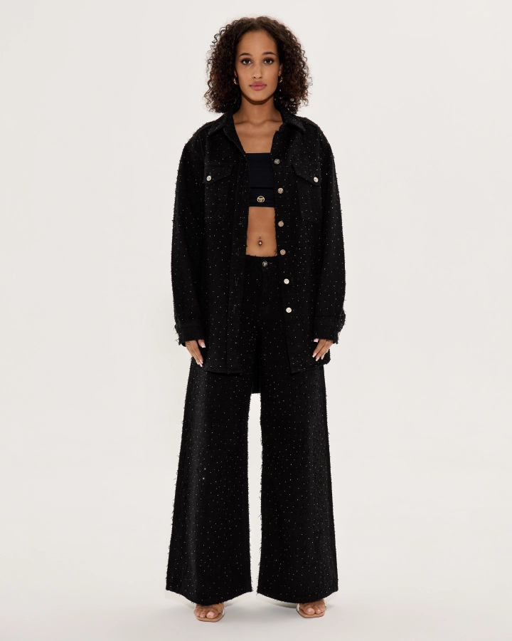 Wide-Leg Denim Pants with Sparkling Stones