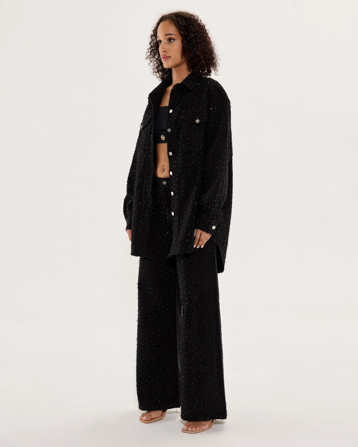 Wide-Leg Denim Pants with Sparkling Stones