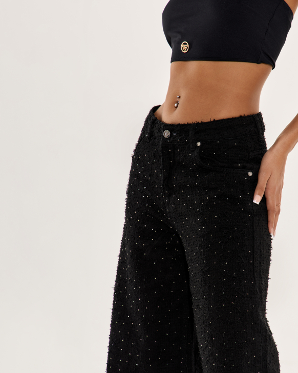 Wide-Leg Denim Pants with Sparkling Stones