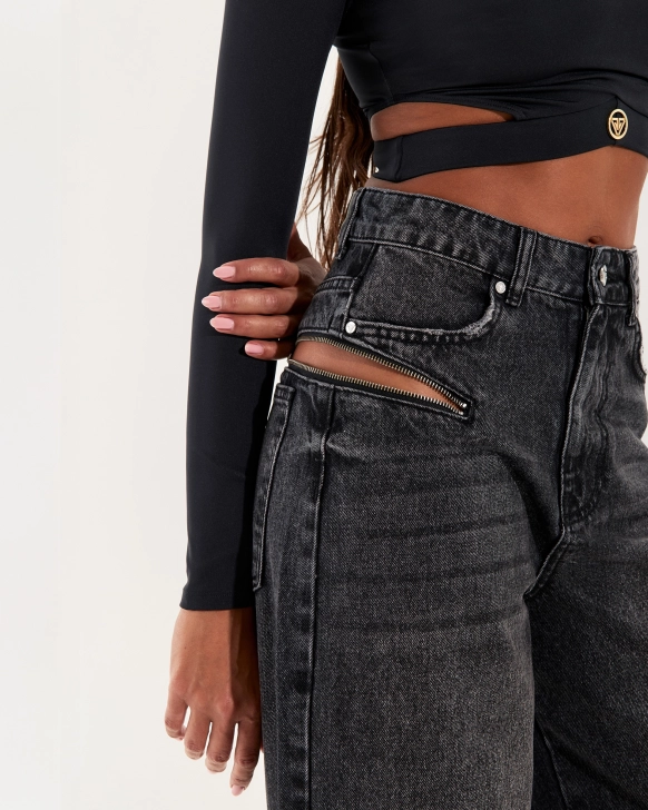 Wide-Leg Jeans with Side Zips – BLACK