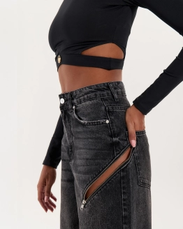 Wide leg jeans with zips – BLACK – 3. kép