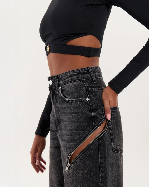 Wide-Leg Jeans with Side Zips – BLACK
