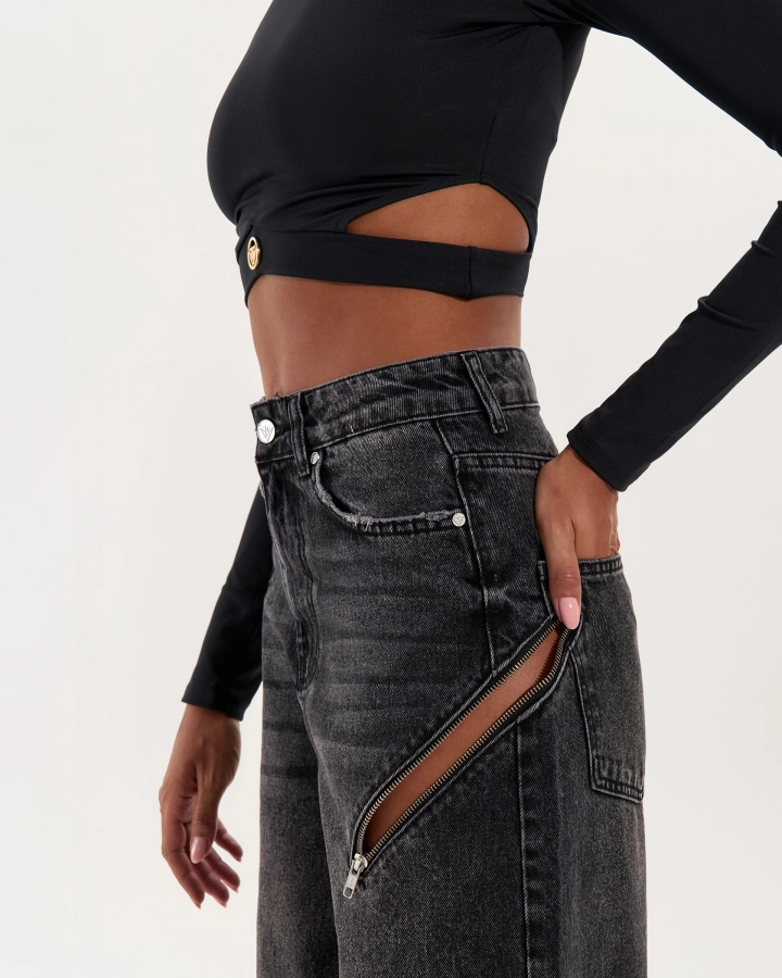 Wide leg jeans with zips – BLACK – 3. kép