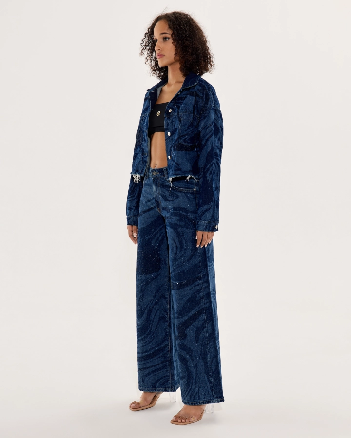 Cropped oversized denim jacket with sparkling crystals