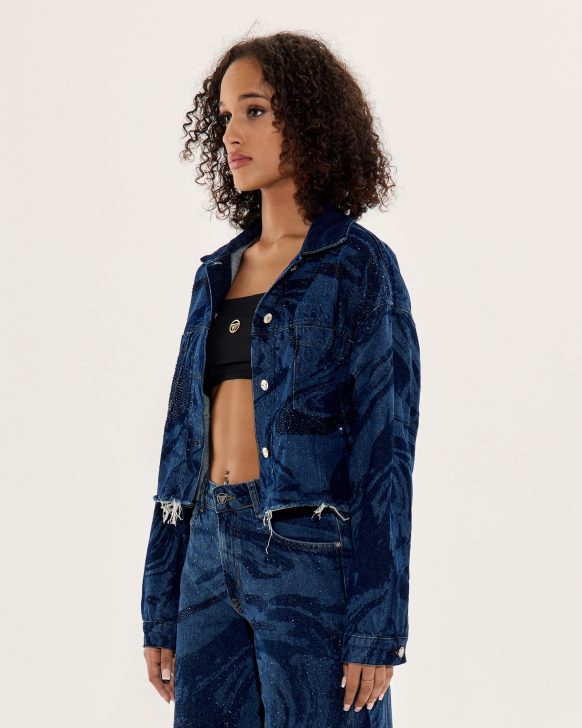 Cropped oversized denim jacket with sparkling crystals